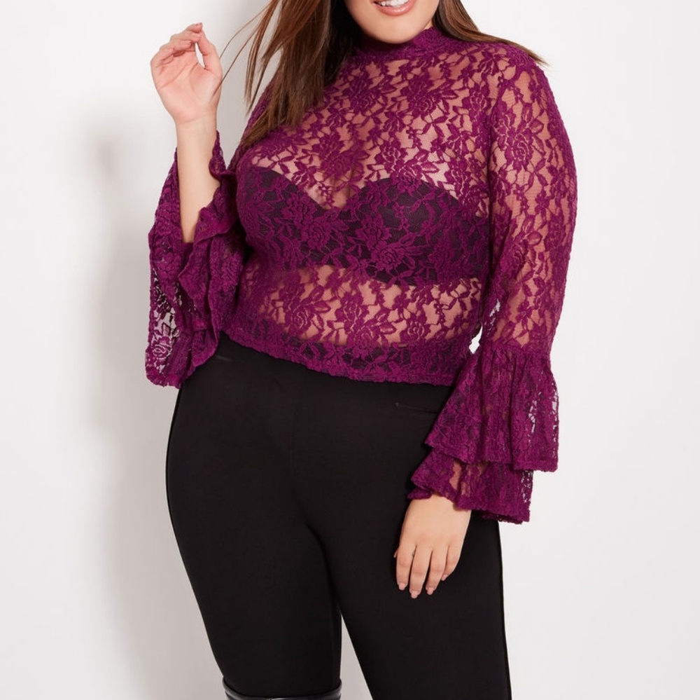 3X (22/24) Plus Size Bell Sleeve Sheer Top